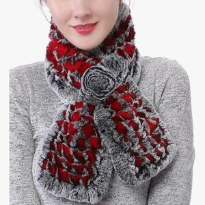 Plush Faux Fur Rose Accent Scarf - Red & Gray
